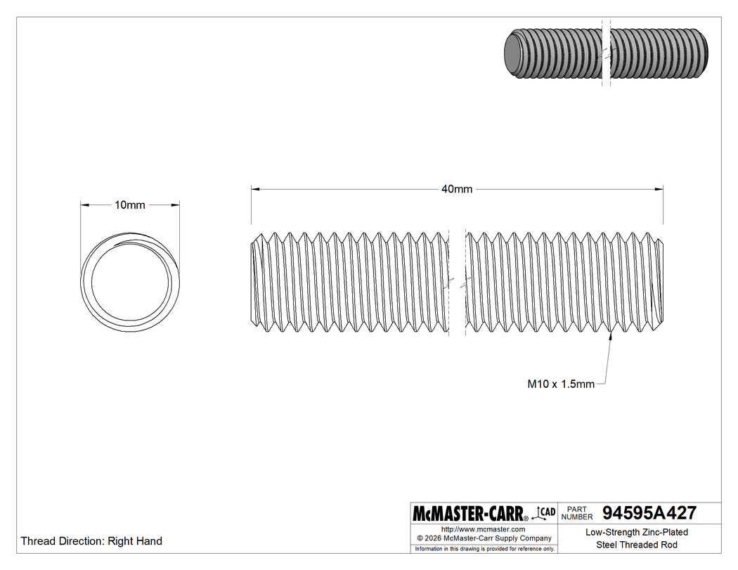 Technical Drawing of Low-Strength Zinc-Plated Steel Threaded Rod, M10 x 1.5 mm Thread Size, 40 mm Long.
